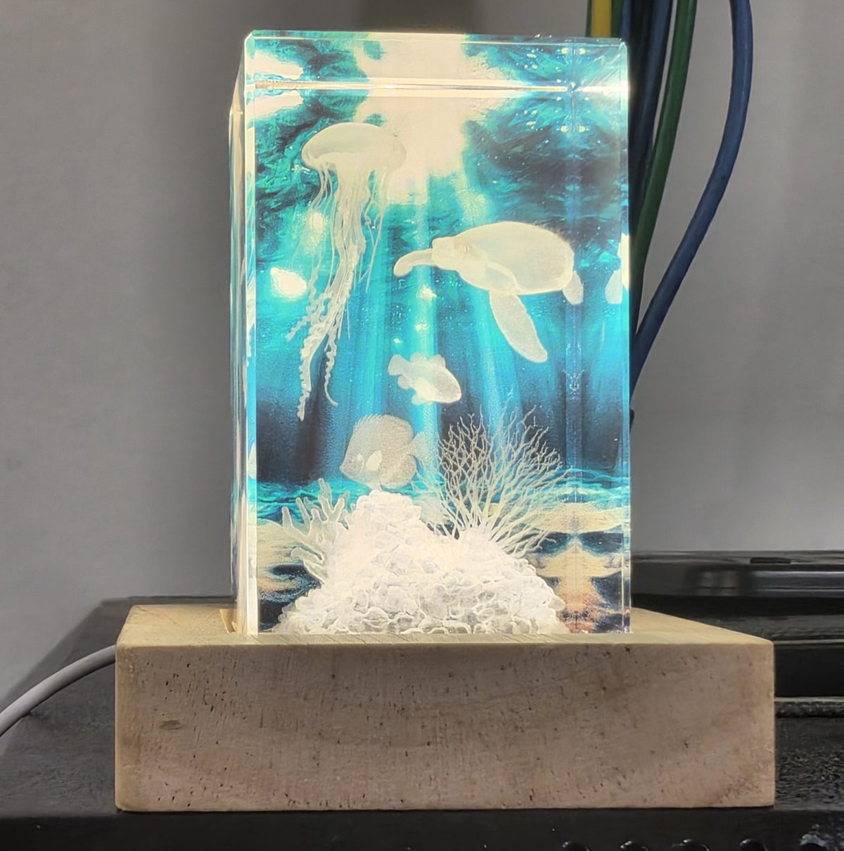 Undersea scene engraved inside a glowing crystal block